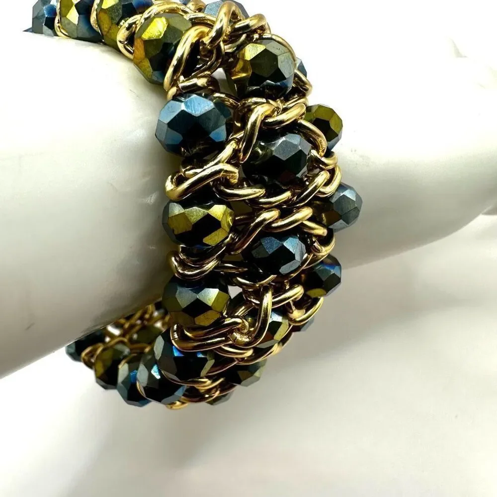 Gold tone and blue beaded stretchy bracelet
